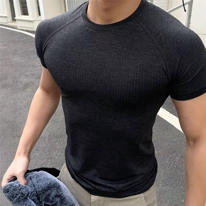 美式无缝提花运动短袖纯色速干训练健身弹力修身上衣T恤DT45 P35图片