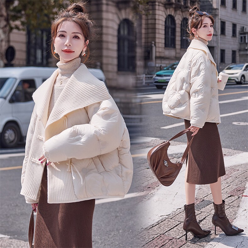 现货BAO织拼接大翻领羽绒服女2023冬季新款盘扣95白鸭绒外套图片