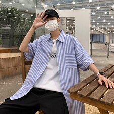 2021年春季新款条纹衬衫女宽松落肩港风衬衫男DS-C407-CS306-P35，男装衬衫，电商C323-1