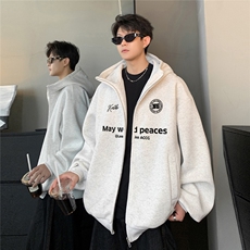 黑色连帽开衫卫衣男2025新款宽松廓形男士字母印花拉链外套，男装针织衫/毛衣，电商C307