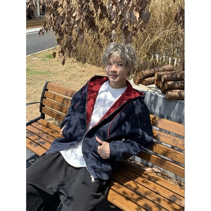 秋冬季帽衫男女灰色上衣开衫慵懒宽松廓形连帽卫衣外套WL02图片