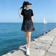 设计感小众时尚气质套装女夏新款圆领网纱拼接上衣牛仔短裤两件套，女装套装/套裙，江南