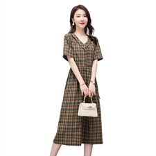 连衣裙2022年夏季潮流舒适简约时尚中长款圆领格子，女装连衣裙，贵人树