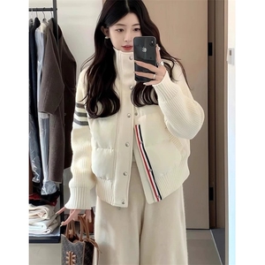 白色休闲羽绒棉服女秋冬短款白色立领保暖针织外套 M619图片