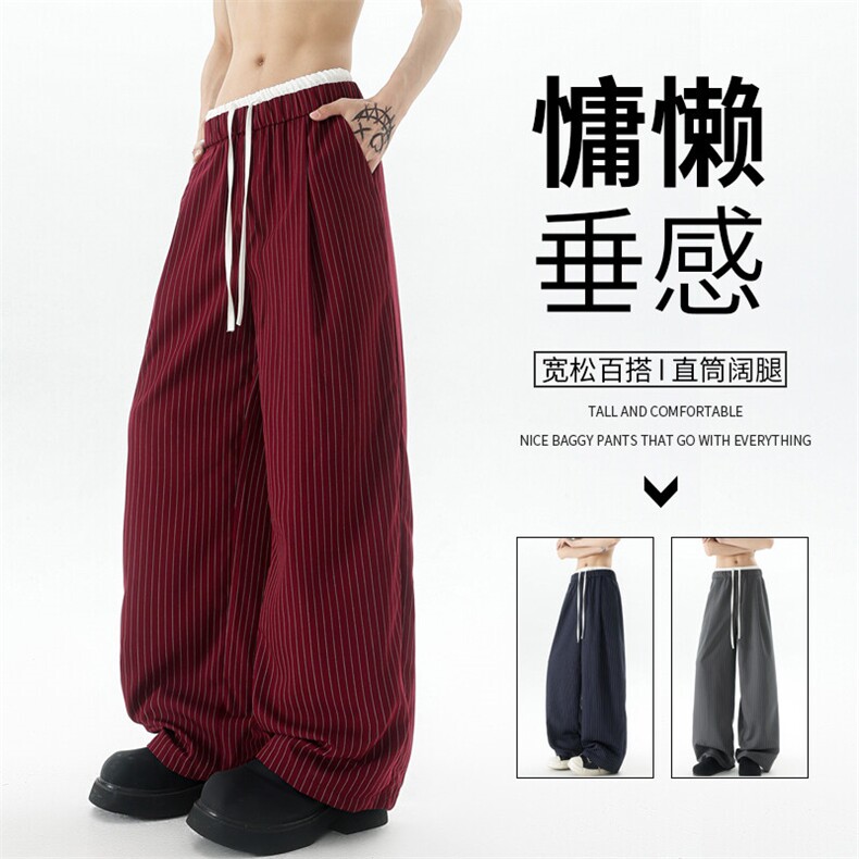 8XL-M假两件双腰山本裤条纹休闲西裤男夏宽松大码阔腿裤KZ052P60图片