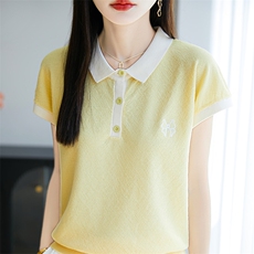 夏季新款POLO领短袖女宽松半袖背心拼色T恤上衣休闲外搭简约显瘦，女装T恤，皓宇羊绒