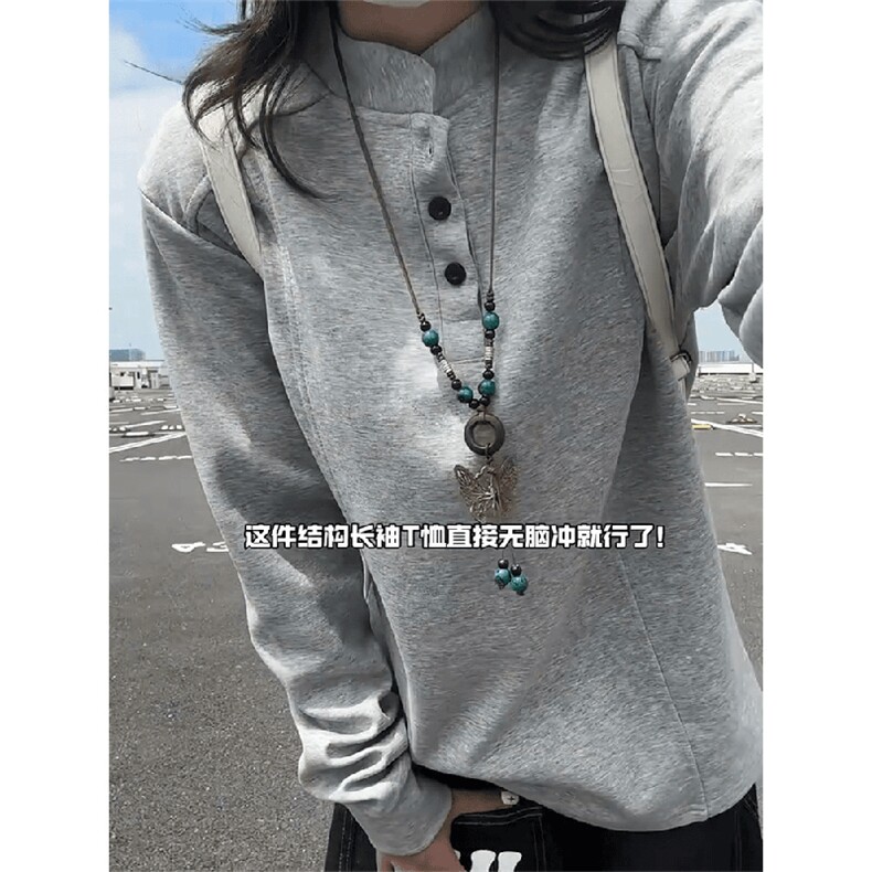 抖音得物品质美式高街重磅曼巴棉拼接cleanfit亨利领卫衣长袖T恤,男装T恤,电商A486