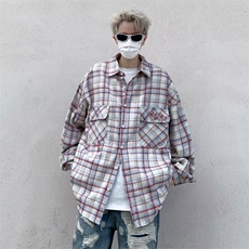 2023美式刺绣字母格子衬衫男女情侣春秋款ins甜美风防晒格纹衬衣，男装衬衫，星座601-2