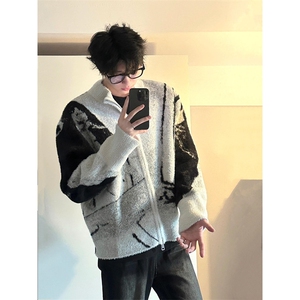 刺绣渐变毛衣开衫外套秋冬男vintage慵懒风拉链针织衫 MY305图片