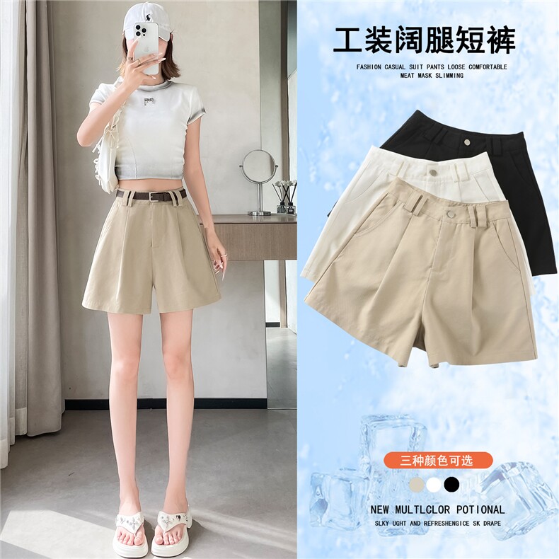 棉麻工装短裤女夏季薄款高腰韩版宽松休闲阔腿裤小个子时尚热裤潮,女装休闲裤,梦白服饰厂