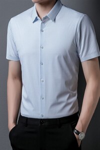 2023夏季新款男装短袖衬衫男中年冰丝高端商务休闲免烫衫衬衣图片