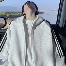 美式三条杠连帽卫衣男秋冬款cleanfit开衫夹克痞帅加绒加厚外套，男装夹克，星座1210-1