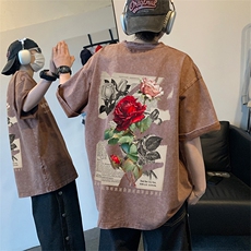 xz605-dsx128-特批30控492026春季新款玫瑰报纸印花水洗短袖T恤，男装T恤，星座605(原A050)