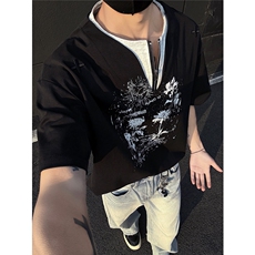 设计款假两件半拉链复古印花夏季短袖T恤男士宽松潮牌上衣P38，男装T恤，电商C306-1