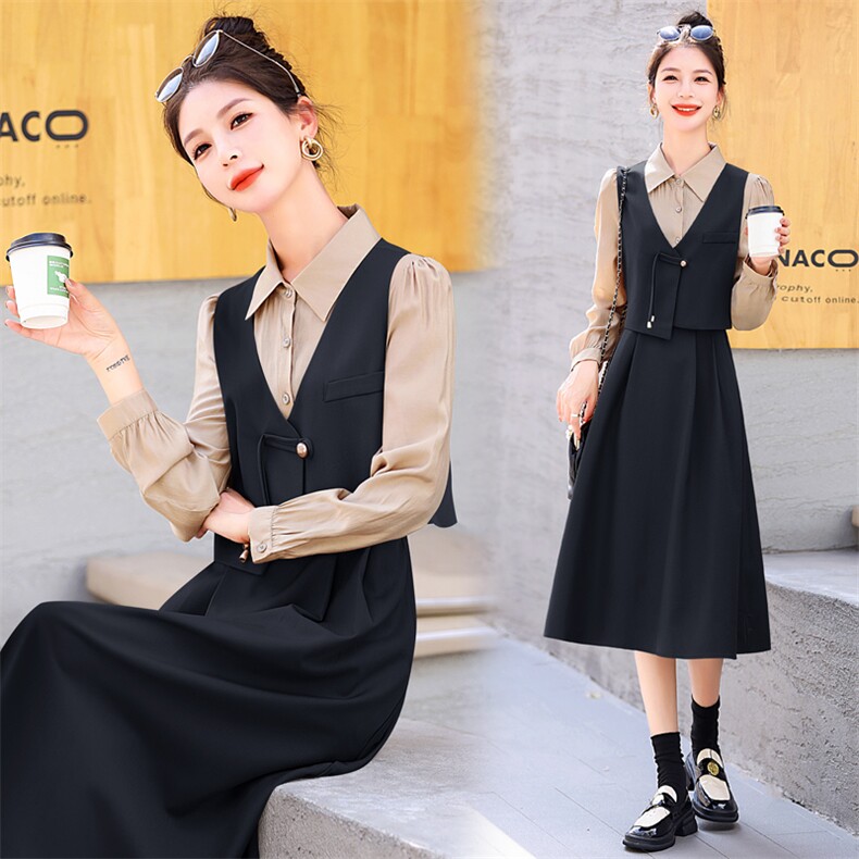 春秋长袖连衣裙女2023新款修身显瘦新中式西装马甲衬衫裙子两件套,女装套装/套裙,意芙