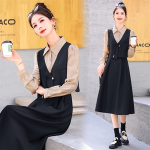 春秋长袖连衣裙女2023新款修身显瘦新中式西装马甲衬衫裙子两件套图片