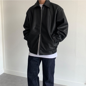 皮衣男士翻领港风复古宽松潮流百搭皮夹克痞帅休闲机车服上衣外套图片