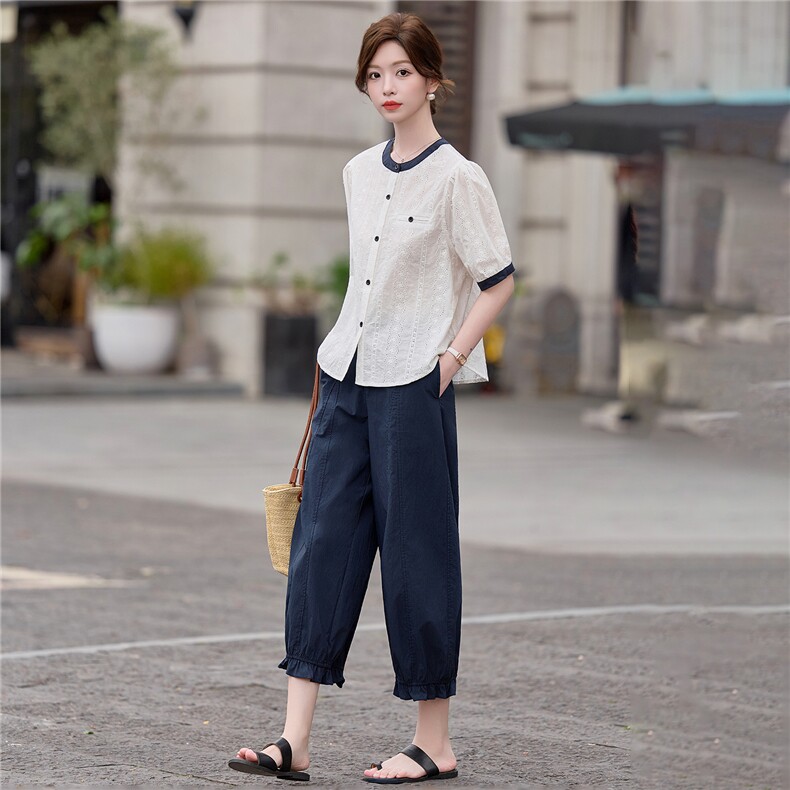 2026年夏季纯棉短袖透气灰色菱格泡泡袖宽松薄款衬衫九分裤女套装,女装衬衫,梦懿尔
