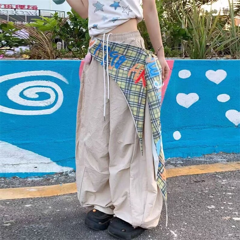 美式复古辣妹宽松高腰屁帘拼接工装裤女夏季宽松阔腿伞兵拖地长裤图片