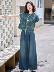 新中式国风盘扣牛仔套装女2025夏季爆款复古印花休闲时尚两件套潮，女装套装/套裙，欣品汇