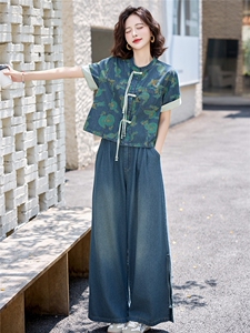新中式国风盘扣牛仔套装女2025夏季爆款复古印花休闲时尚两件套潮图片