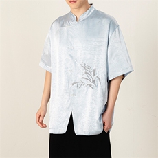 高级感中式风格缎面抓花兰花刺绣斜门襟衬衫T2521-P65控98，男装衬衫，电商A021