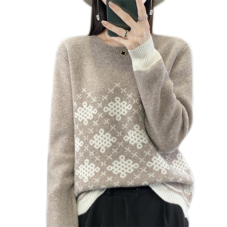 套头圆领长袖2024年秋季时尚羊毛针织衫,女装羊毛衫,羊秋羊绒