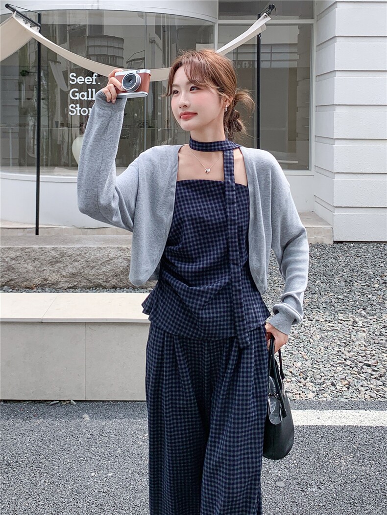 洋气时髦设计感复古格纹套装女2026春夏新款开衫吊带阔腿裤三件套,女装套装/套裙,艾米莉亚