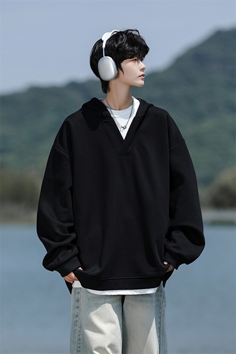 8XL-M叠穿假两件卫衣重磅连帽V领拼接套头衫宽松大码外套WY006P65,男装卫衣,电商B312