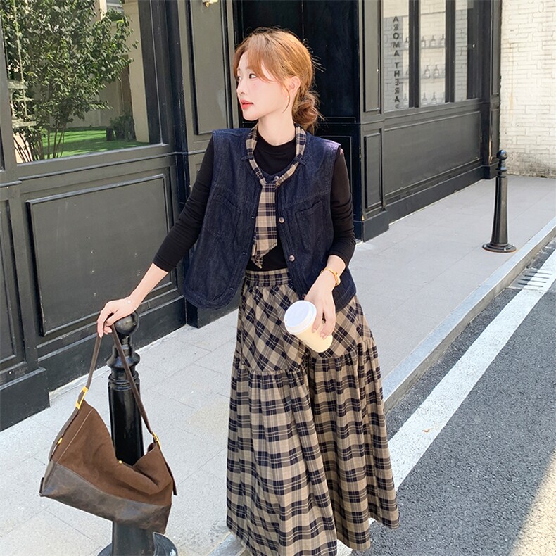 新款牛仔马甲格子半裙套装746-P165-K238,女装套装/套裙,2C108