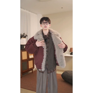 现货重磅硬挺boxy羽绒棉衣座山雕大毛毛领洗水麂皮棉服冬外套图片