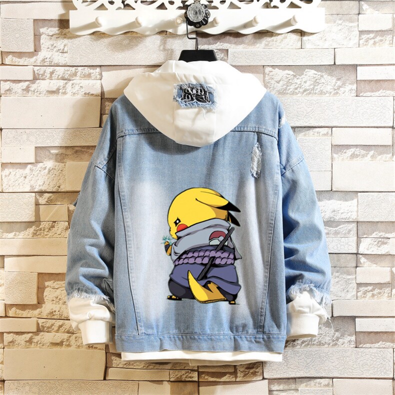 2022大货男士假两件牛仔衣情侣外套皮卡丘印花夹克JK666-P55，男装工装外套，星座1103-1