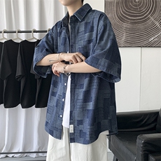 古着vintage牛仔格子衬衫男ins设计感日系复古短袖衬衣C1118-p50，男装衬衫，星座1008