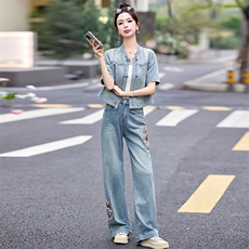 2024夏装新款牛仔套装夏季无袖牛仔裤两件套，女装套装/套裙，韩宇舍