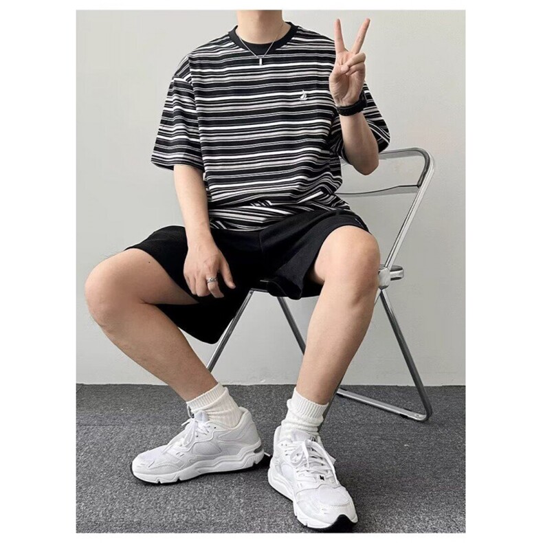 25夏季宽松305g重磅条纹短袖T恤刺绣百搭潮牌情侣上衣，男装T恤，星座506A