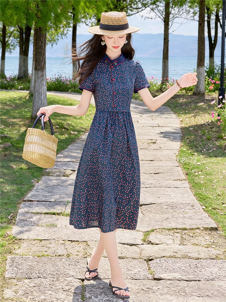 田园风斜领碎花刺绣连衣裙女春夏收腰显瘦中长裙（细节图颜色为）,女装连衣裙,水衣源