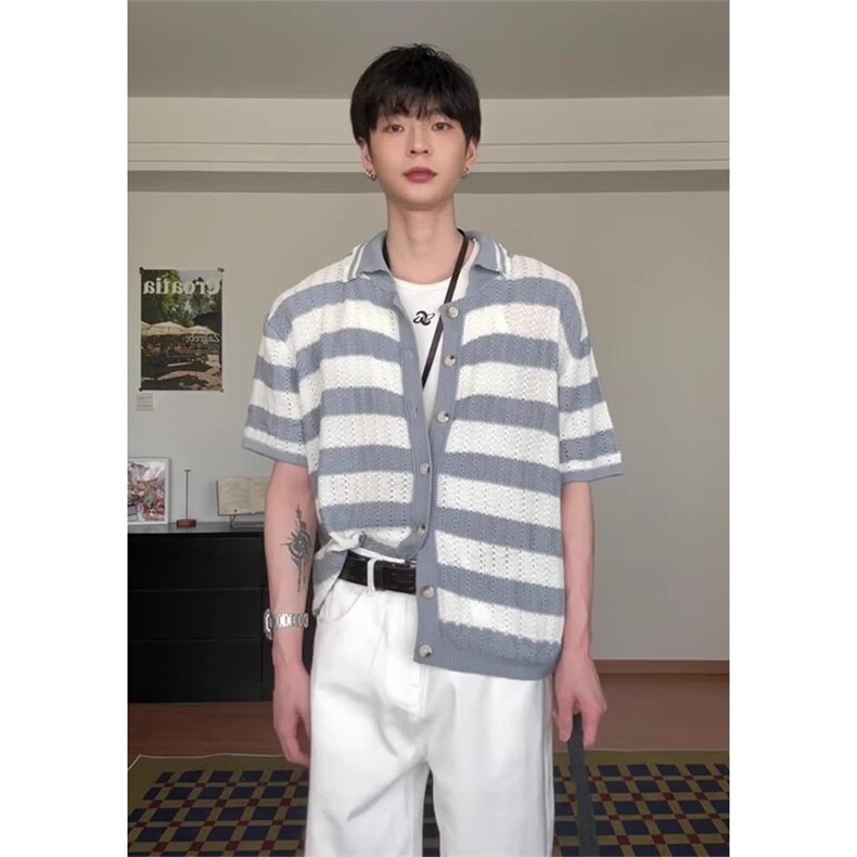 纹针织短袖衬衫男夏美式宽松慵懒风t恤高级感半袖SWY63,男装针织衫/毛衣,星座516A