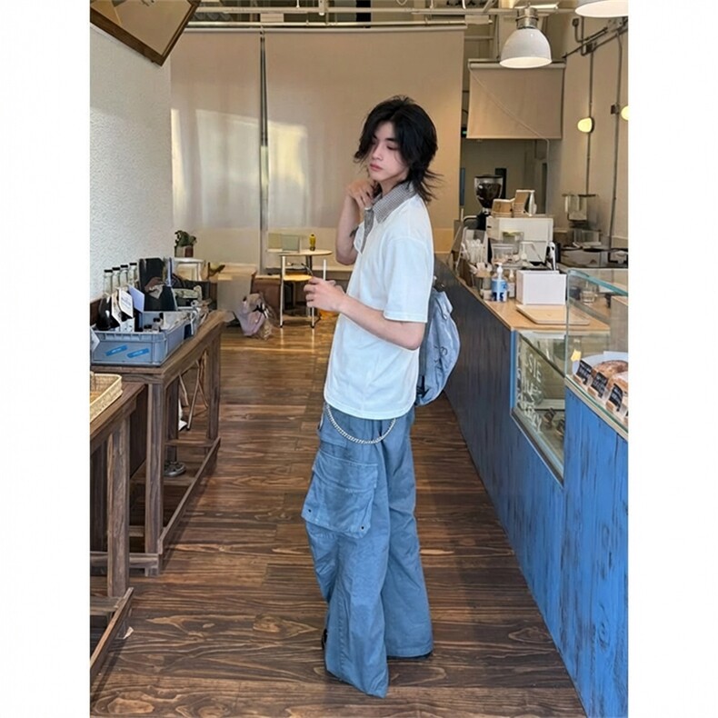 得物抖音高品质二开夏季美式潮牌假两件格子衬衫翻领高街短袖T恤,男装T恤,电商A486