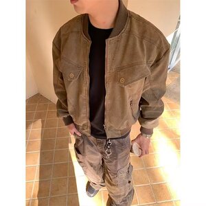 890-P64新款美式棕色夹克短款复古做旧哈灵顿外套男女上衣