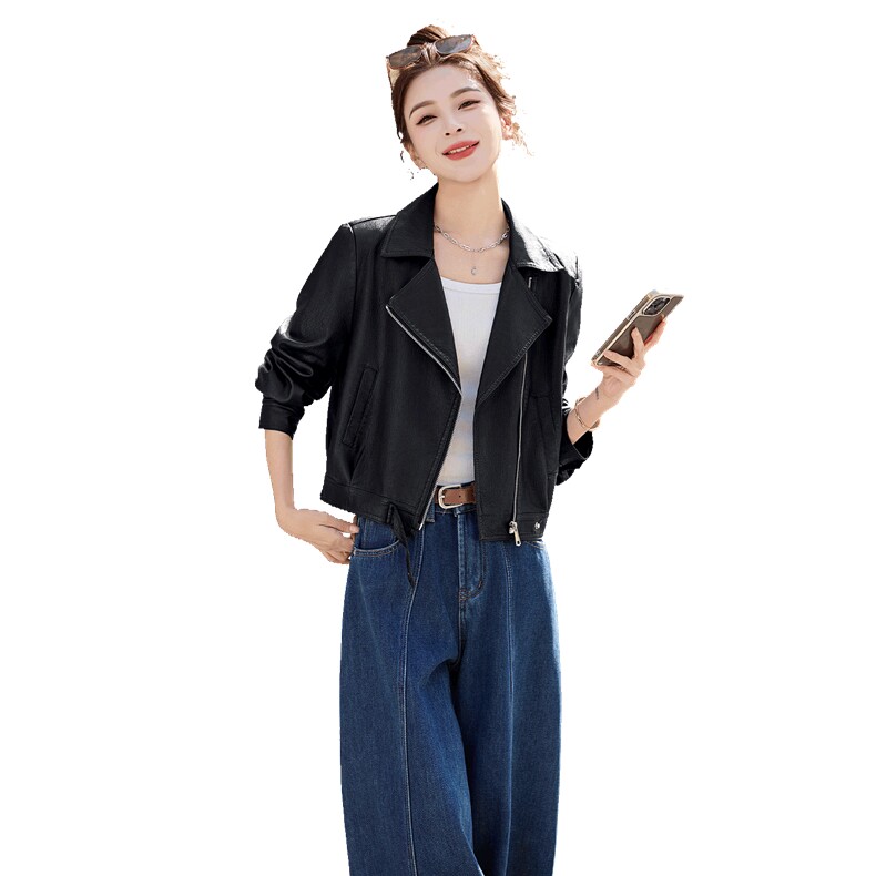 BAO现货休闲夹克翻领斜拉链外套2026春季新款设计感百搭夹克外套,女装皮衣,潮流依族