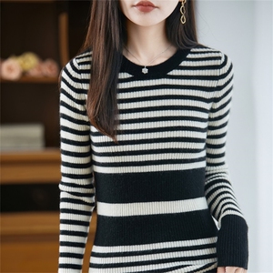 复古拼色条纹100%纯羊毛衫女2025新款洋气减龄修身保暖打底毛衣图片