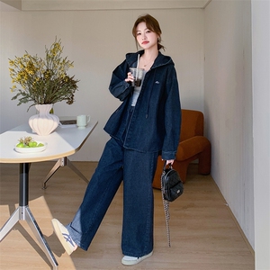 连帽牛仔外套阔腿裤两件套女春2025今年流行漂亮韩系宽松显瘦套装图片