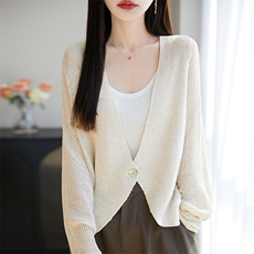 V领一粒扣亚麻镂空针织开衫防晒衣女天丝长袖披肩空调服宽松薄款，女装蕾丝衫/雪纺衫，暖烁羊绒