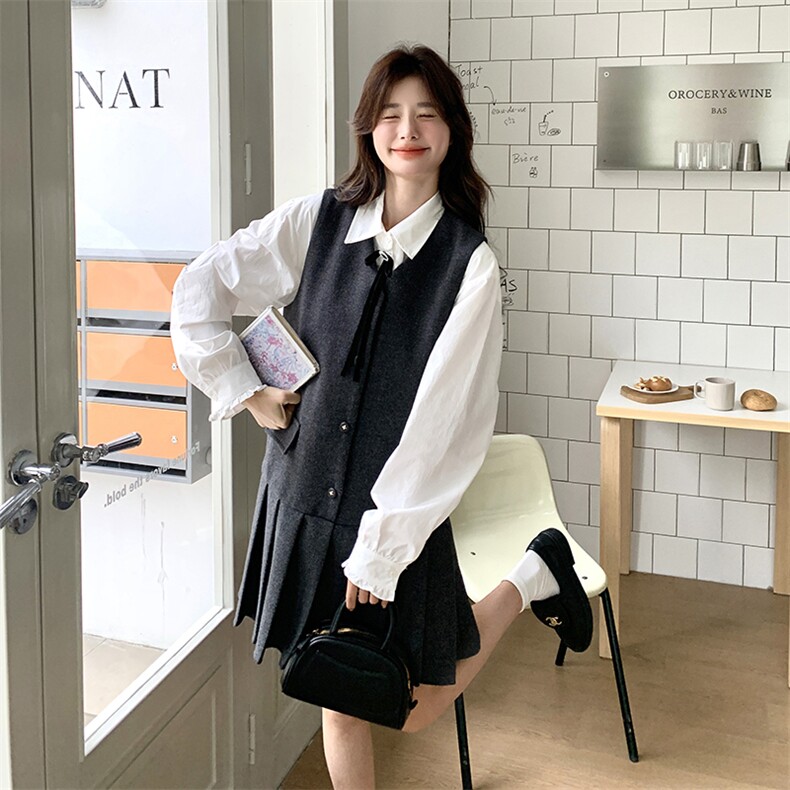 学院风无袖百褶西装裙套装2025年秋季新款女减龄衬衫背心裙两件套,女装套装/套裙,维壹