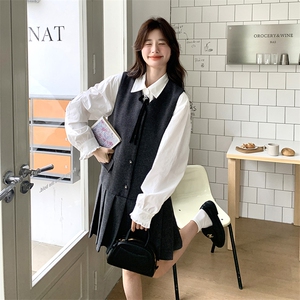 学院风无袖百褶西装裙套装2025年秋季新款女减龄衬衫背心裙两件套图片