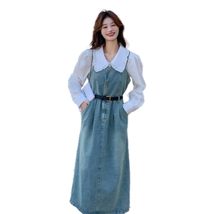 娃娃领衬衫牛仔背带裙套装女2025年秋季新款收腰设计感a字连衣裙图片