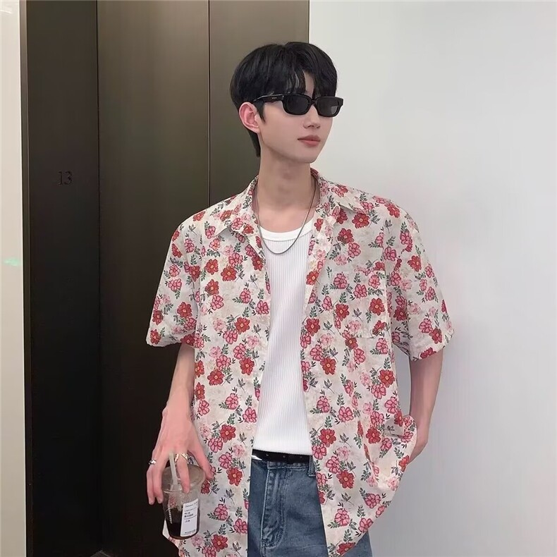 夏季度假风花衬衫短袖男生碎花撞色痞帅开衫薄外套A5243-P30,男装T恤,星座208-5