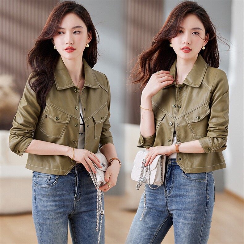 皮衣外套女2023年秋冬新款水洗皮机车服显瘦pu皮夹克韩版短外套潮,女装皮衣,江南女神