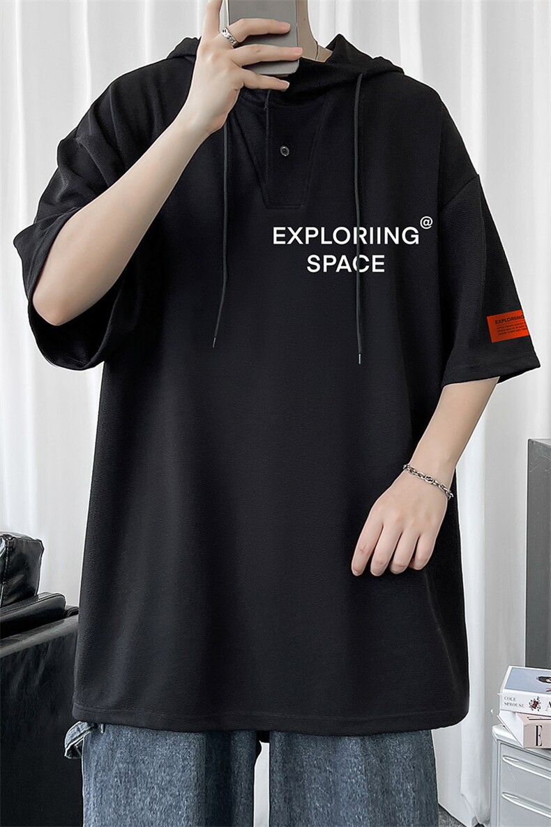 LD54244-P45NASA连帽短袖t恤男大码胖子带帽五分袖中袖,男装T恤,电商A040
