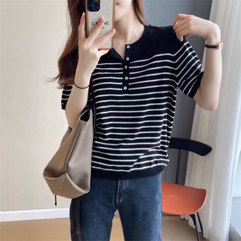 时尚显瘦百搭简约女士纯棉条纹短袖，女装T恤，狄美羊绒
